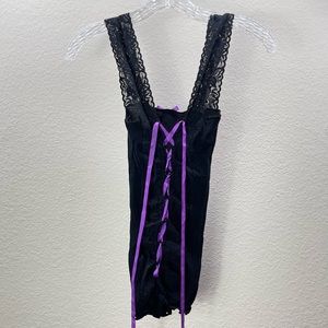 Sheer Open Back Lingerie Chemise Dress Black Mesh Lace Up Babydoll Teddy Ribbon